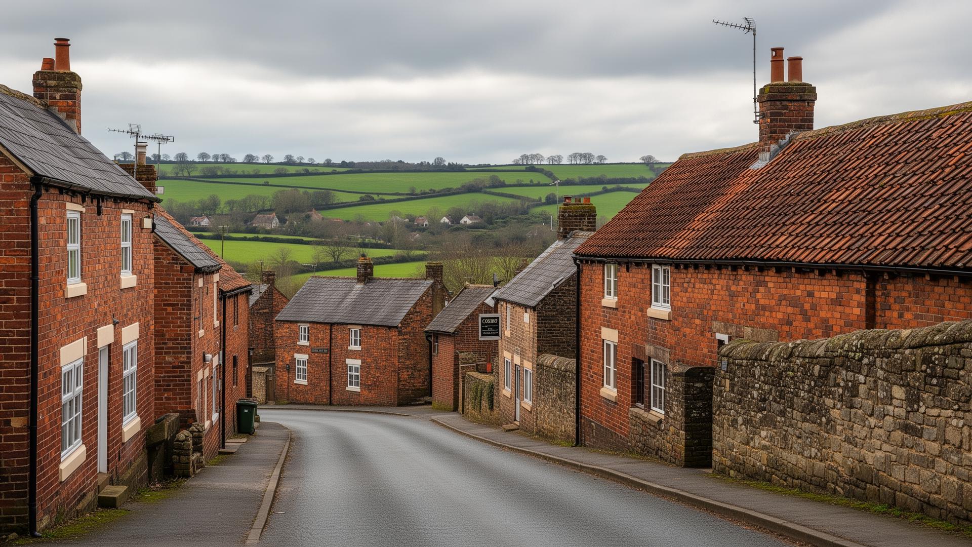 Village houses with brick and stone roofs in Coxhoe, County Durham countryside