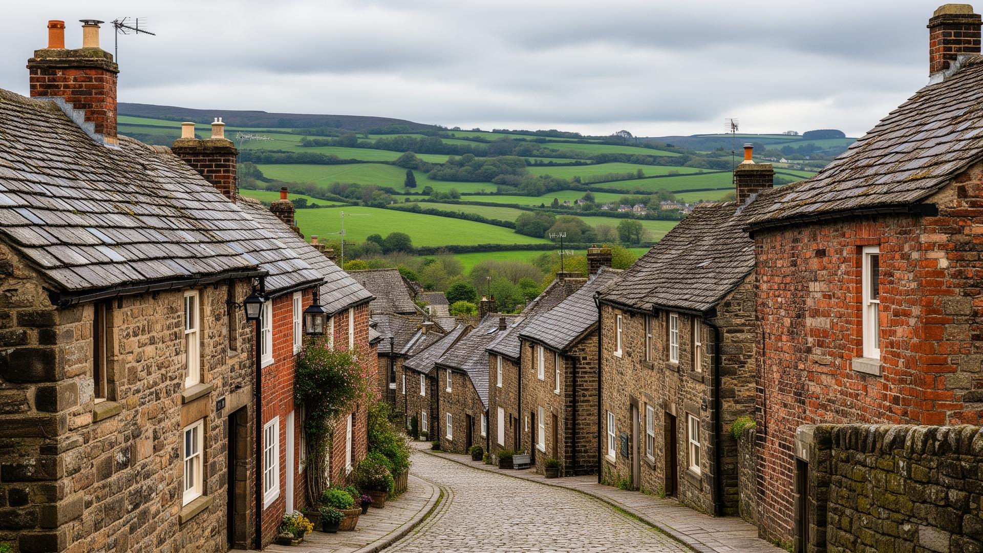 Stone and brick cottages with slate roofs in Lanchester village, County Durham